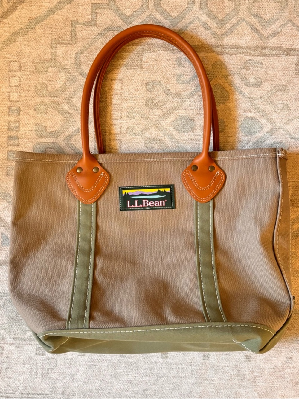 L.L. Bean Tan Canvas Tote with Olive Straps and Brown Leather Handles